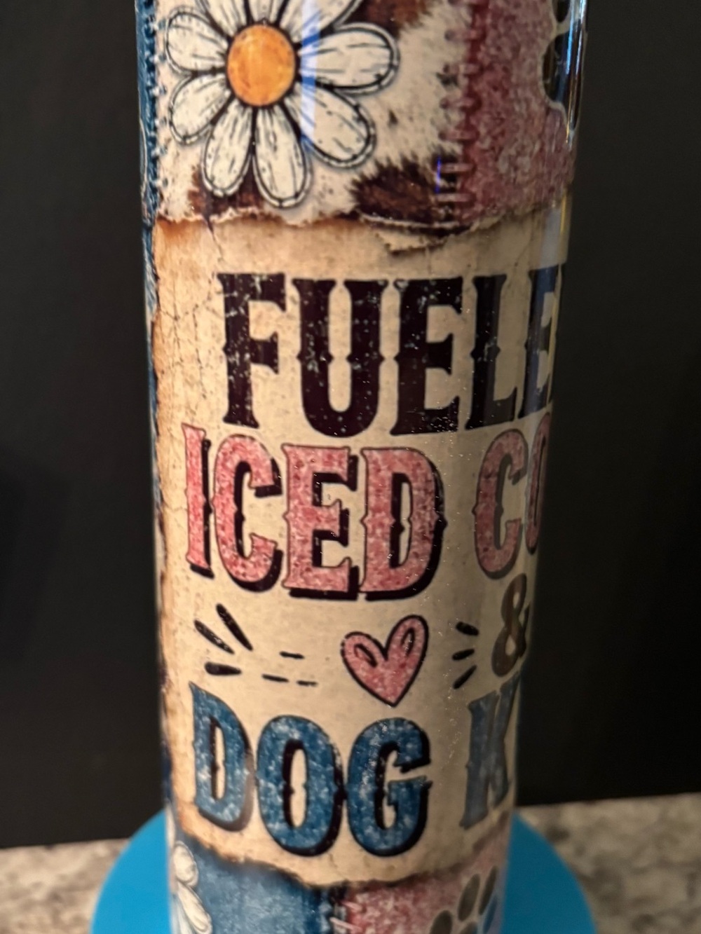 FUELED by Iced Coffee & Dog Kisses! Mom metal Travel Mug - Blue/Pink